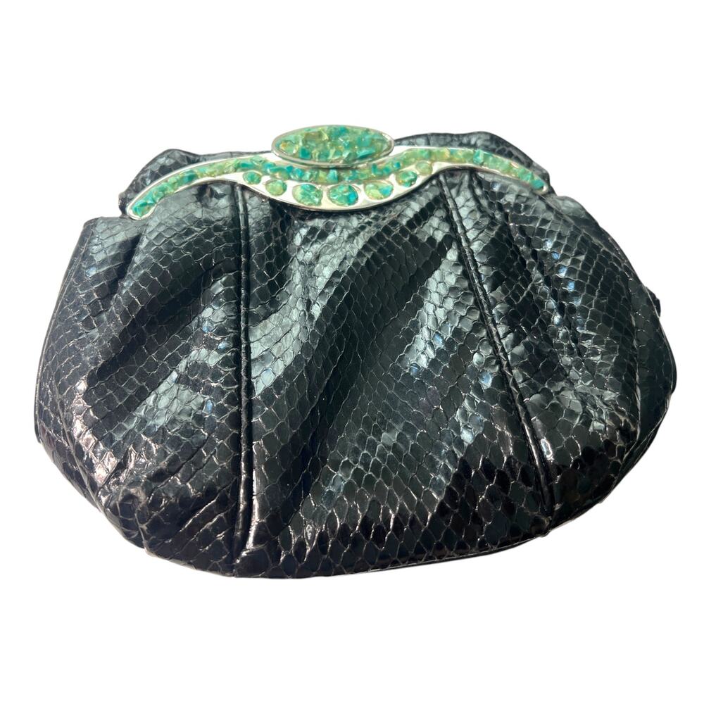evening bag purse vintage black snakeskin clutch gemstone turquoise top clasp